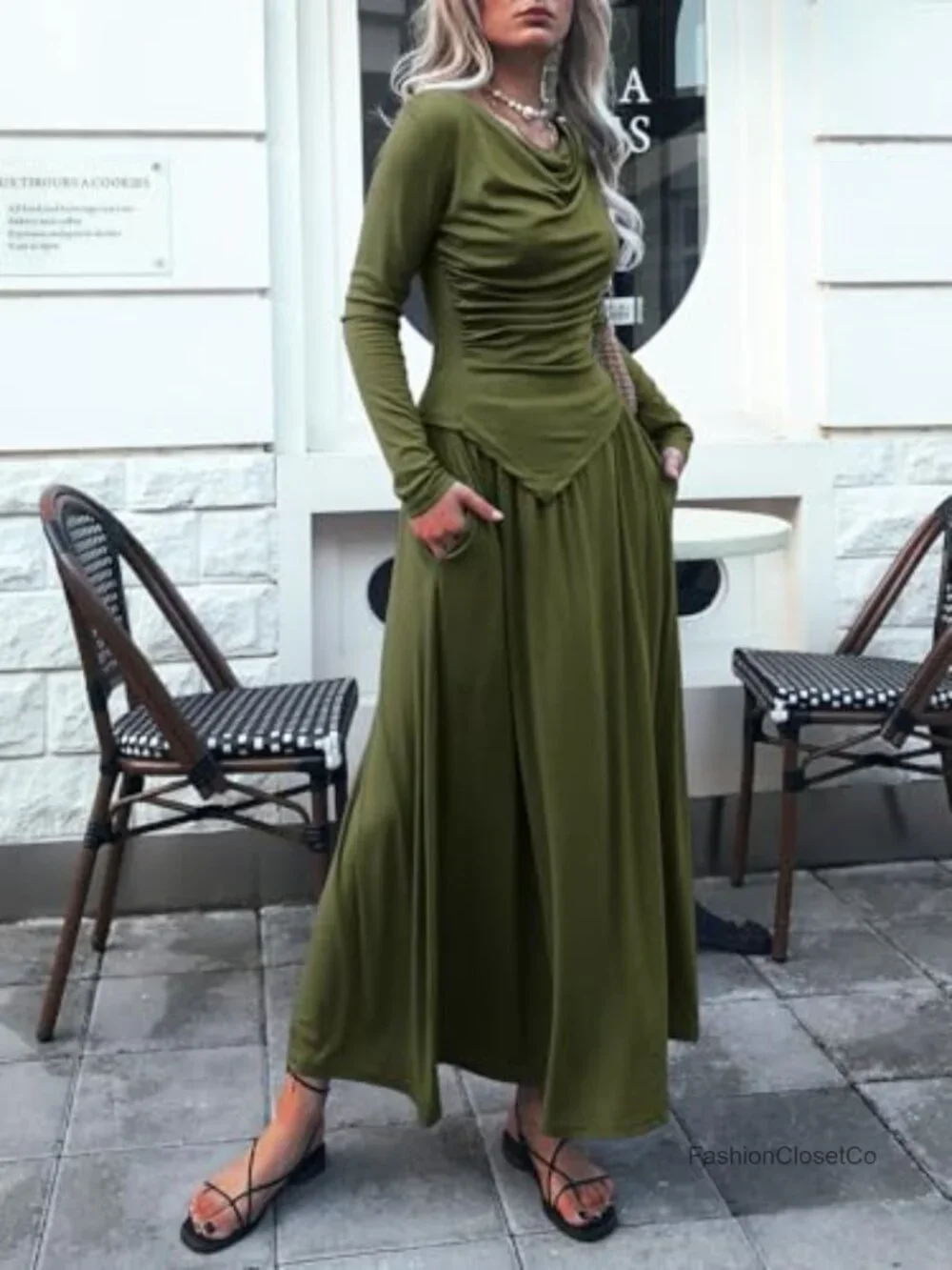 2 Piece Skirt Set Ruched Long Sleeve Off Shoulder Top Maxi Skirt Matching Sets